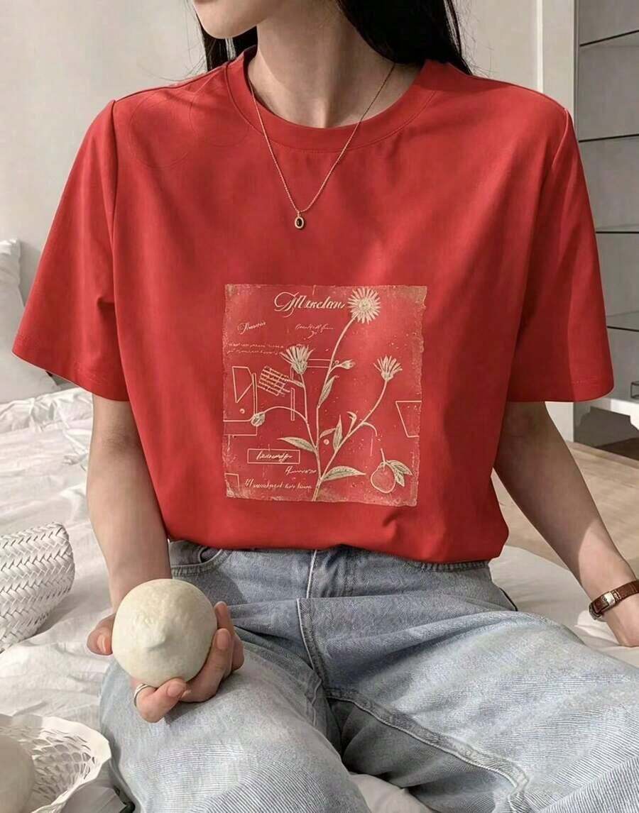 Women's Casual Loose Fit Graphic T-Shirt With Plant Print, New For Spring - Vintage Street Style Unisex Cotton Short Sleeve Crew Neck T-Shirt - 紅色的 - 查看 1
