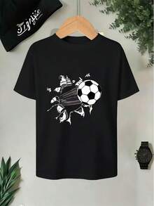 1 camiseta para niño, camiseta de 180 g de alto gramaje a la moda para niño, camiseta juvenil con diseño de fútbol "Rompiendo el muro", para entusiastas del fútbol, adecuada para entrenamiento de fútbol, perfecta para actividades al aire libre - Negro - Ver 1