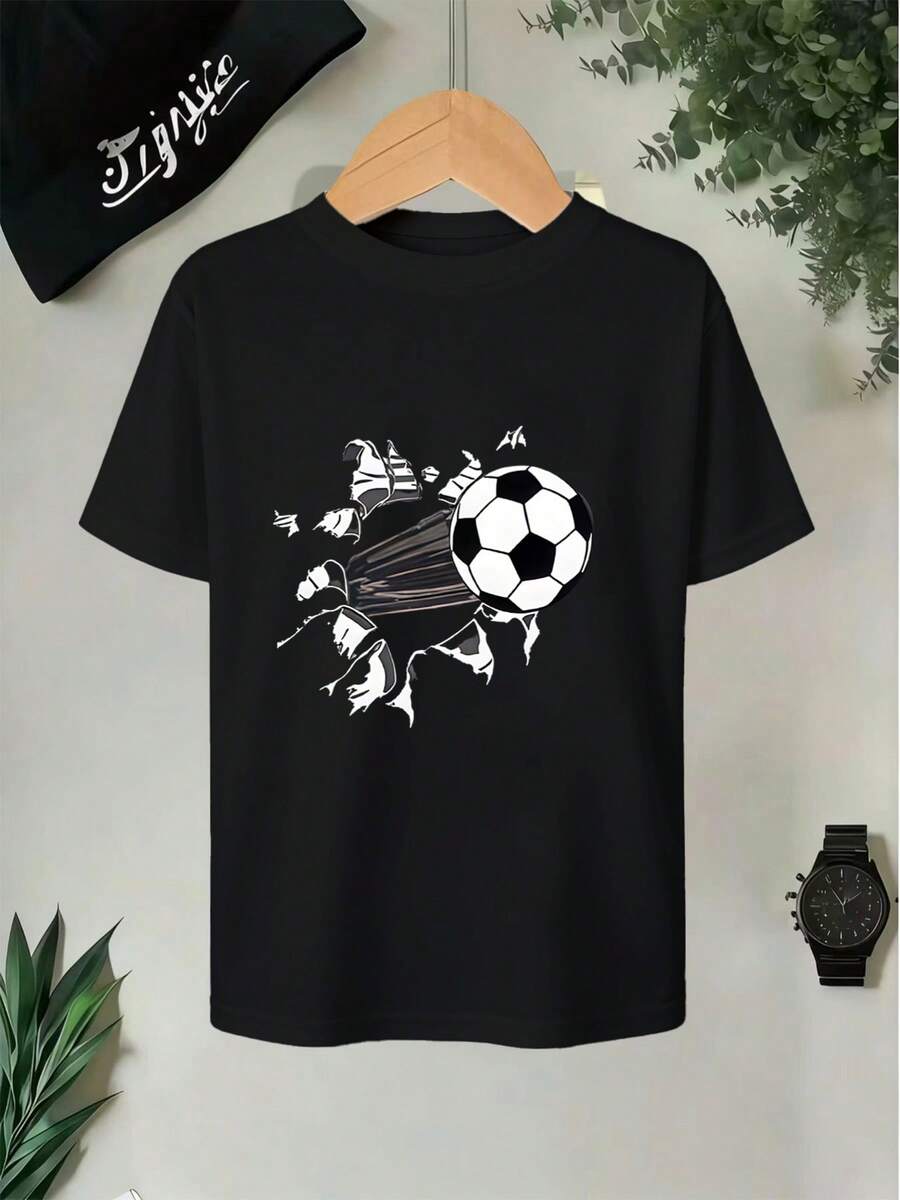 1 camiseta para niño, camiseta de 180 g de alto gramaje a la moda para niño, camiseta juvenil con diseño de fútbol "Rompiendo el muro", para entusiastas del fútbol, adecuada para entrenamiento de fútbol, perfecta para actividades al aire libre - Negro - Ver 1