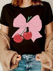 VintageCamiseta con estampado, top casual de manga corta y cuello redondo, ropa de mujer para primavera y verano.Graphic Tee - Negro - Ver 7