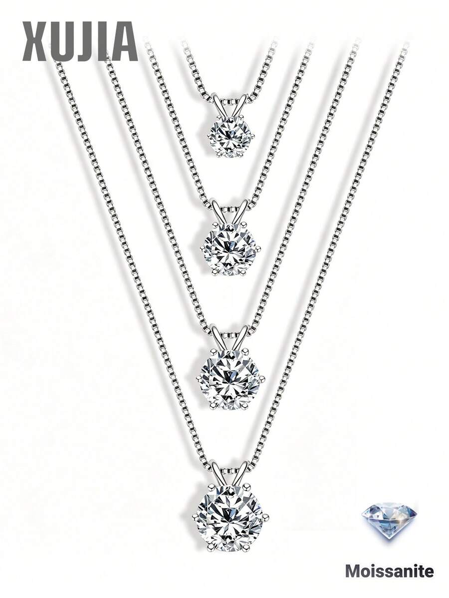 XUJIA 1 chiếc dây chuyền mặt đá Moissanite tròn cắt giác bằng bạc Sterling 925 dành cho nữ, 0.5ct/1ct/2ct/3ct/4ct/5ct, thiết kế sáu chấu cổ điển, thích hợp cho kỷ niệm, tiệc tùng, sinh nhật và các dịp khác.