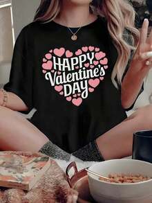 CasualPlayera Roja de Mujer con Gráfico de "Happy Valentine's Day" y Corazones Rosas, Camiseta Aesthetic de San Valentín de Manga Corta, Top Festivo de Estilo Holgado, Blusa Casual de Moda para FiestaMust-have - Negro - Ver 7