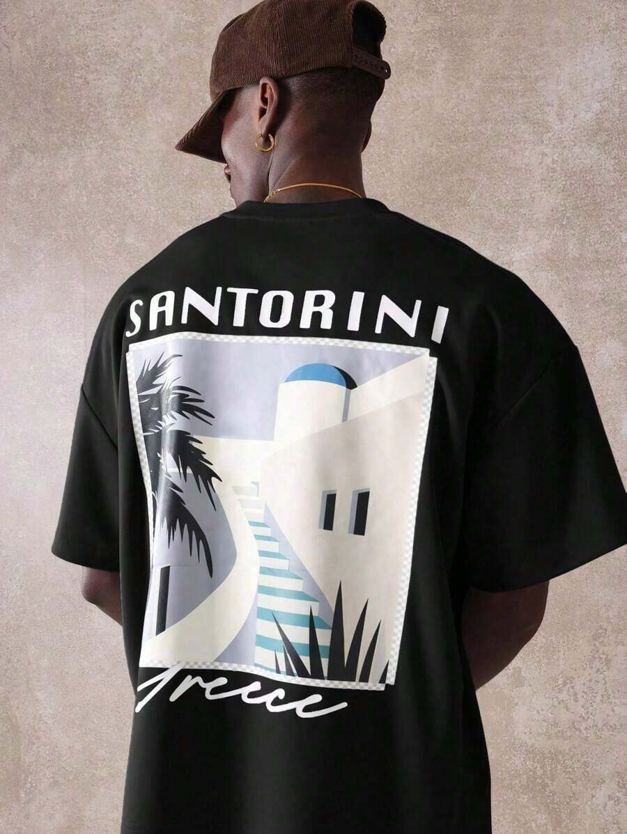 Oversized Graphic Summer T-Shirt With Santorini Greece Print, Casual Aesthetic, Travel Souvenir, Beach Vacation - 黑色 - 查看 1
