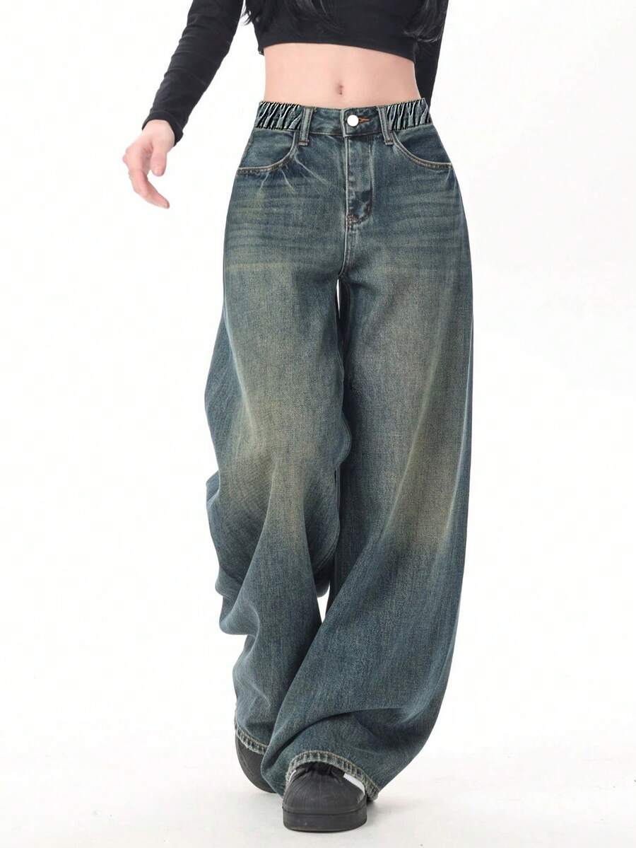 Jeans rectos de ajuste suelto de estilo vintage azules, de ajuste ceñido y cómodos para adolescentes y mujeres jóvenes - Azul lavado medio - Ver 1