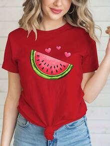 Tallas Grandes, Camisetas Estampadas de Sandía para Mujer de Tallas Grandes, Tops Casuales de Manga Corta con Cuello Redondo para Primavera y Verano, Ropa de Tallas Grandes para Mujer, Ropa de Moda - Rojo - Ver 5