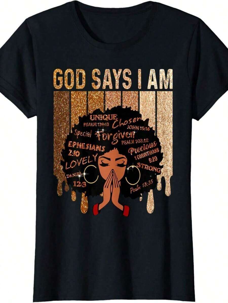 Camisetas Casuales para Mujer, Camiseta para Mujer con la Frase 'Queen God Says I Am History Month', Camiseta para Mujer, Estilo Y2K, Camisetas de Moda de Verano, Conjuntos y Tops Casuales de Streetwear - Negro - Ver 1
