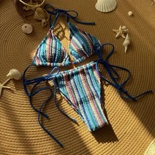 Nuevo bikini sexy con tiras ajustables y diseño de bloques de color en jacquard. - Camel - Ver 4