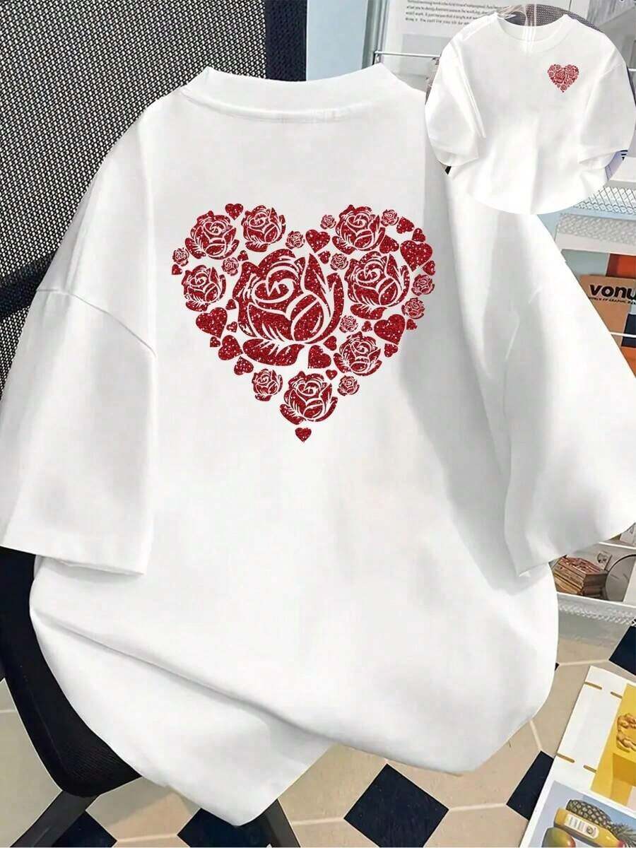 Camiseta de manga corta estampada con diseños en la parte delantera y trasera - Forma de corazón con rosa roja, Día de San Valentín - Camiseta estampada para mujer, primavera/verano, ¡tu mejor elección! Transpirable y cómoda. - Blanco - Ver 1