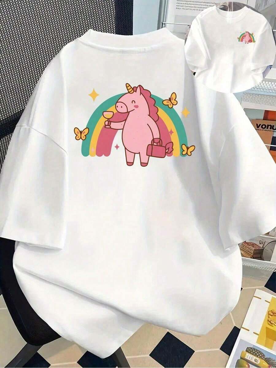 Camisetas de talla grande para mujer - Camiseta de corte holgado con hombros caídos, camisetas casuales de manga corta, camiseta estampada de manga corta con diseños frontales y traseros - Unicornio arcoíris, Unicornio - Camiseta estampada de primavera/verano para mujer, artículo de moda, versátil y casual, transpirable y cómoda. - Blanco - Ver 1