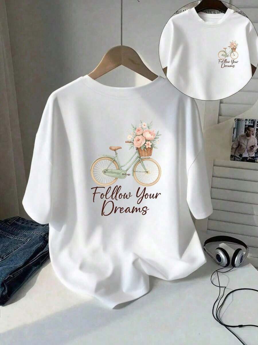 Camiseta de manga corta de talla grande para mujer - Camiseta básica casual de corte holgado, elegantes tops de poliéster, camiseta de manga corta estampada con diseños frontales y traseros - Chasing Dreams, Bicycle - Camiseta estampada de primavera/verano para mujer, artículo de moda, versátil y casual, transpirable y cómoda. - Blanco - Ver 1