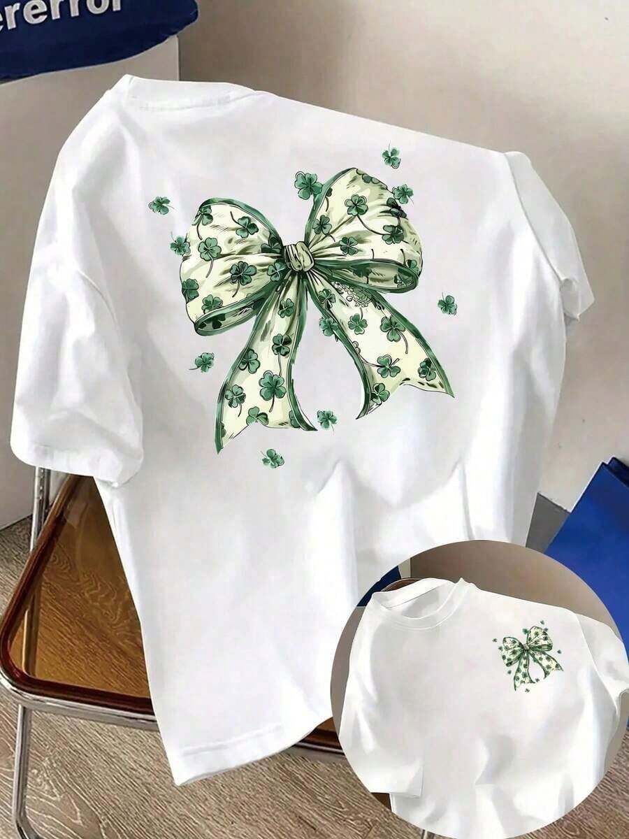 Camisetas de manga corta de talla grande, suaves y transpirables para mujer - Tops casuales de corte holgado para uso diario, camiseta de manga corta con estampado frontal y trasero - Estampado de lazo de trébol, moda del Día de San Patricio - Camiseta estampada de primavera/verano para mujer, artículo de moda, transpirable y cómoda. - Blanco - Ver 1