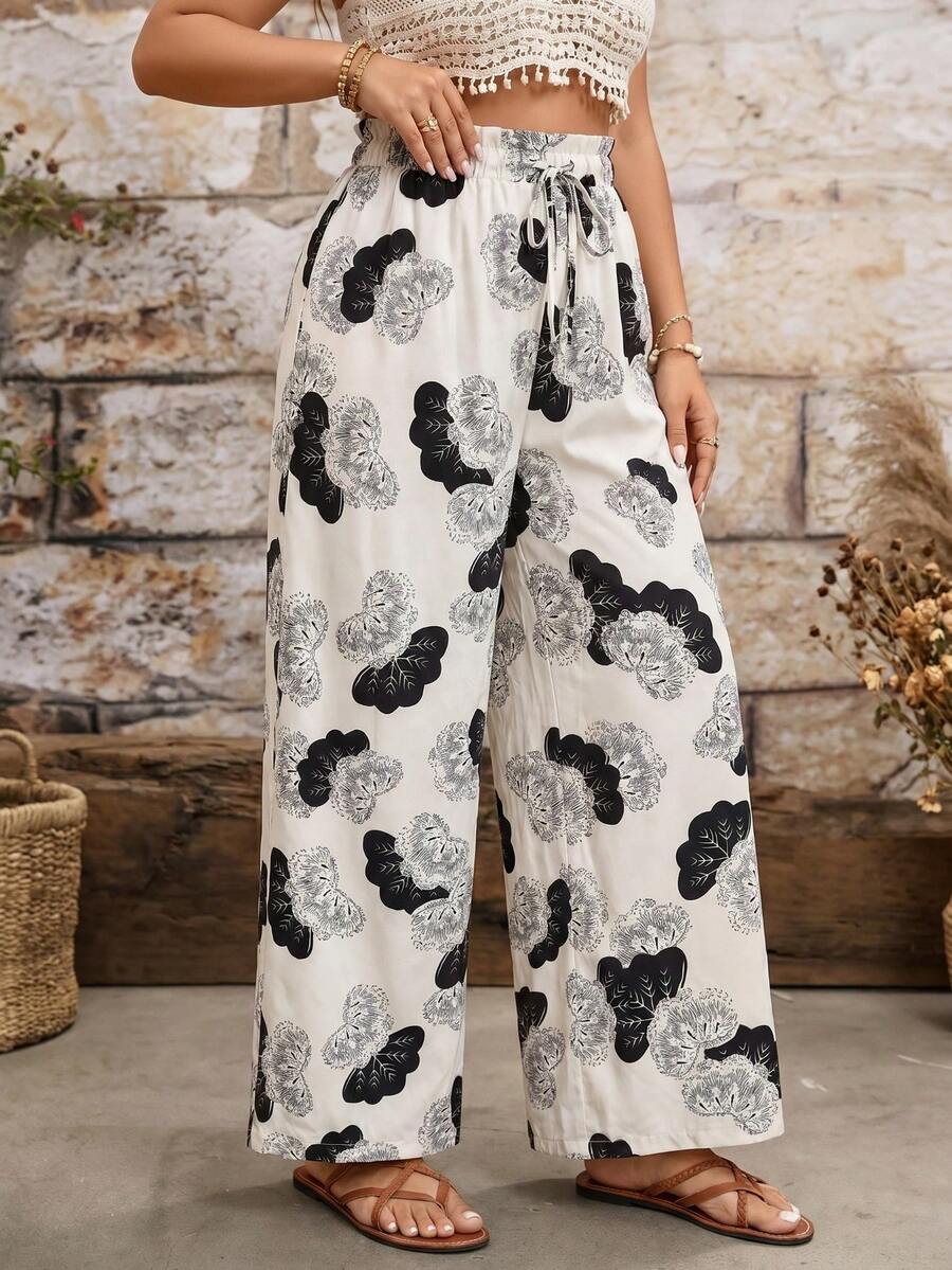 Plus Size Women's Fashion Wide Leg Pants, Unique Floral Print, Loose Fit, Suitable For Casual Outings Or Holiday Occasions - Multicolor - View 1