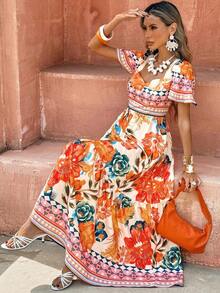 YHHFlora Isola Flora Isola Vestido de línea A con volantes y estampado digital tropical, elegante, casual, cómodo y vintage para vacaciones en la playa (estampado aleatorio), primavera/veranoYHH - Naranja Quemada - Ver 1