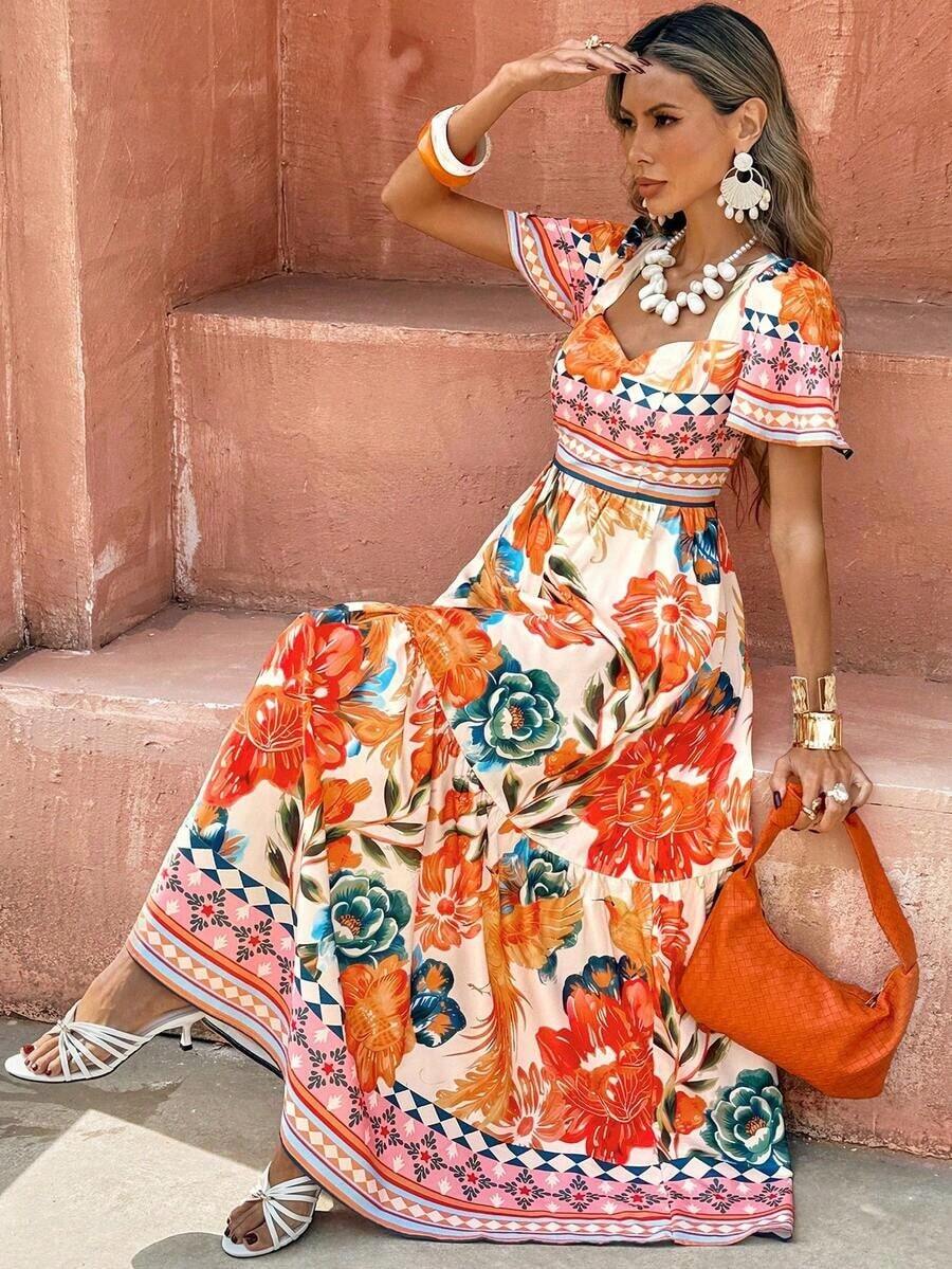 YHHFlora Isola Flora Isola Vestido de línea A con volantes y estampado digital tropical, elegante, casual, cómodo y vintage para vacaciones en la playa (estampado aleatorio), primavera/veranoYHH - Naranja Quemada - Ver 1