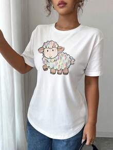 Camiseta con estampado gráfico de Pascua "El Señor es mi pastor"| Top casual de manga corta y cuello redondo para verano y primavera, ropa de mujer - [Blanco] - Ver 2
