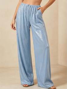 Women's Sparkle Sequin Pants Lightweight Elastic Waist Wide Leg Loose Pants Trousers - Azul - Ver 1