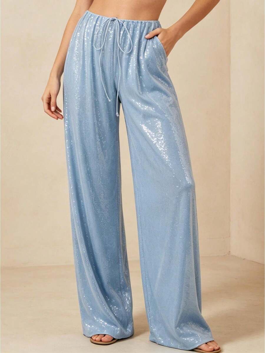 Women's Sparkle Sequin Pants Lightweight Elastic Waist Wide Leg Loose Pants Trousers - Azul - Ver 1