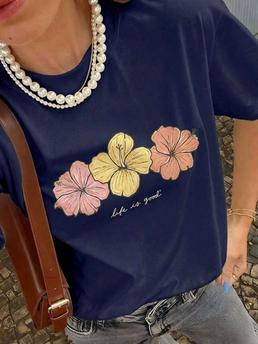Short-Sleeved T-Shirt With A Ribbed Crew Neck, Hibiscus Print, And Colorful Slogan-A New Summer Style For Women. Soft, Retro Style, Eye-Catching And Comfortable, Suitable For Campus, Commuting, Weekend Get-Togethers, Summer Backyard Parties, And Casual Dates. (Sport, Fresh Breeze, Unisex) - 海軍藍 - 查看 1