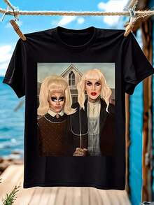 Camiseta Gráfica Divertida de Cultura Pop de Trixie y Katya para Hombre - Camiseta Negra Inspirada con Personajes Icónicos, Camiseta Transpirable de Cuello Redondo para Atuendos Casuales y Eventos de Drag, Lavable a Máquina, Ajuste Cómodo, Uso en Todas las Temporadas con Estampado Vibrante, Ajuste Relajado para Actividades al Aire Libre, Amplia Gama de Tallas Disponibles, Camiseta Retro - Negro - Ver 6