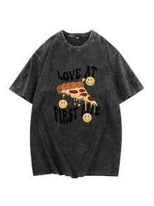 ¡Una elección de moda! Ropa de hombre, camiseta negra lavada de 230g 100% algodón puro para actividades al aire libre. Presenta un diseño de pizza, lleno de alegría en la vida. 180g 100% Algodón - Negro - Ver 2