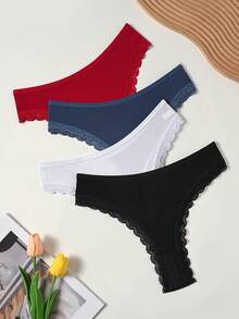 4pcs Women's White Lace Trim Ribbed Comfortable Ultra-Thin Breathable Minimalist Solid Color Thong - Multicolor - View 5