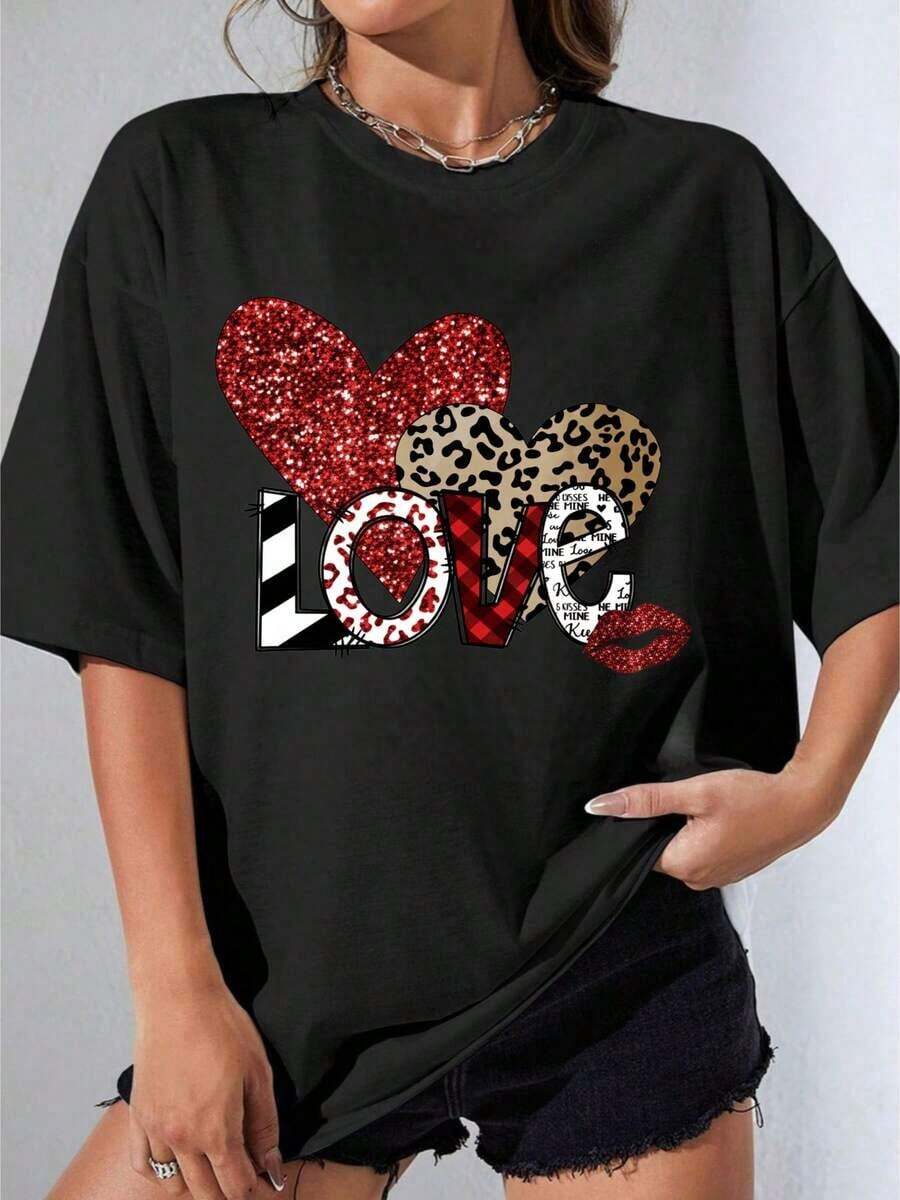 Camiseta Negra y Blanca para Niña, Camiseta Blanca de Talla Grande con Diseño de Corazón Brillante, Estampado de Leopardo y Rayas para Uso Casual y Fiesta de San Valentín al Aire Libre, Camiseta Estampada Casual de 180g - Negro - Ver 1
