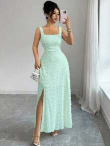 Nuevo vestido de punto texturizado sin mangas con cuello cuadrado, diseño de lazo en la espalda abierta, elegante vestido ajustado para fiesta - verde menta - Ver 8