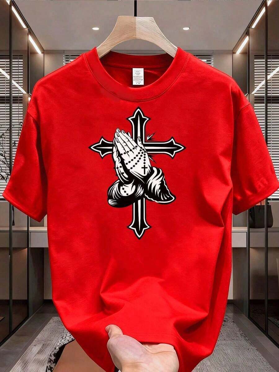 NewSummerCasual Men's Graphic T-Shirts, Casual T-Shirt With Praying Hands And Cross Pattern, Urban Style, Fashionable Men's Casual Clothing, 100% Cotton For Adults - Vintage Street Style Unisex Loose Cotton Short Sleeve Crew Neck T-Shirt - 紅色的 - 查看 1