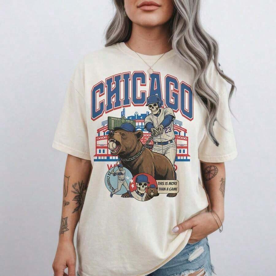Camiseta Vintage de Béisbol de Chicago con Divertida Mascota Sonriente, Camiseta para el Día del Partido de Béisbol de Chicago, Camiseta de la Ciudad de Chicago para el Verano, Estilo Unisex, Camiseta Fresca de Verano, Estilo Unisex - Blanco 7 - Ver 1