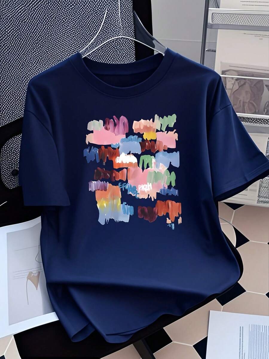 Edición Limitada: Camiseta de Manga Corta Oversize Estilo Y2K para Mujer - Top Largo con Estampado de Dibujos Animados, Ligera (200 g/²), Cuello Redondo, Casual de Verano para Primavera y Otoño, Algodón Ligero - Azul - Ver 1