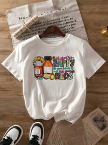 Camiseta de corte regular para mujer con estampado "Happy Meds" - Mangas cortas, cuello redondo, top casual de verano, con diseños divertidos de medicamentos y vitaminas, mezcla de poliéster ligera, adecuada para primavera y verano, ropa casual relajada. |   Camiseta con Estampado Divertido |   Estampado de patrones medicinales, atuendo casual diario de verano - Blanco - Ver 12