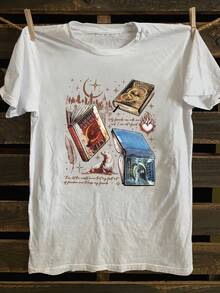 Camiseta de Mujer con Estampado de Amantes de los Libros - Manga Corta, Cuello Redondo, Estilo Casual de Verano, Diseño Misterioso, Color Beige, Tela Suave, Perfecta para Atuendos Casuales, Regalo para Amantes de los Libros - Blanco - Ver 8
