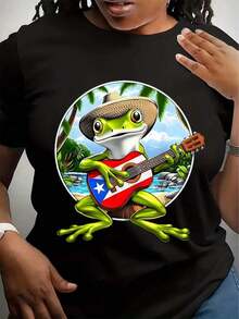 Camiseta de Mujer con Diseño de Rana con Guitarra y Bandera de Puerto Rico, Camiseta Gráfica para Amantes de la Música, Estilo Vacaciones en la Playa, Ropa Casual Cómoda - Negro - Ver 6