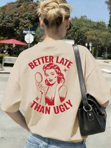 Camiseta casual de manga corta, cuello redondo, de corte holgado, con estampado trasero de eslogan y chica pin-up vintage para mujer,Playera Gráfica Oversized Mujer Verano Casual - Albaricoque - Ver 4