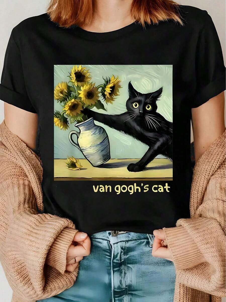100% cotton Camiseta Oversize Extra Grande para Mujer con Estampado Artístico de Gato de Van Gogh y Girasoles - Camiseta Casual de Cuello Redondo y Manga Corta Inspirada en Vincent Van Gogh, Verde con Diseño de Girasol Negro y Amarillo, Ropa Artística Lavable a Máquina para Outfits Casuales y Fans de Van Gogh, Corte Relajado para Todas las Estaciones con la Iconica Pintura del Gato de Van Gogh. - Negro - Ver 1