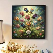 5D钻石画套装，森林花猫图案，圆形马赛克人造钻石画，钻石艺术工艺品，可用于墙面装饰、艺术品制作，适合圣诞节、万圣节、感恩节等节日。 - 圓鑽 - 查看 3
