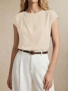 Blusa holgada de cuello redondo con mangas cortas y volantes, elegante y chic para el transporte urbano, uso diario, retro romántico de los 90, adecuada para Navidad, Año Nuevo, San Valentín, fiestas, playa, graduación, versátil y minimalista, apr - Beis - Ver 1