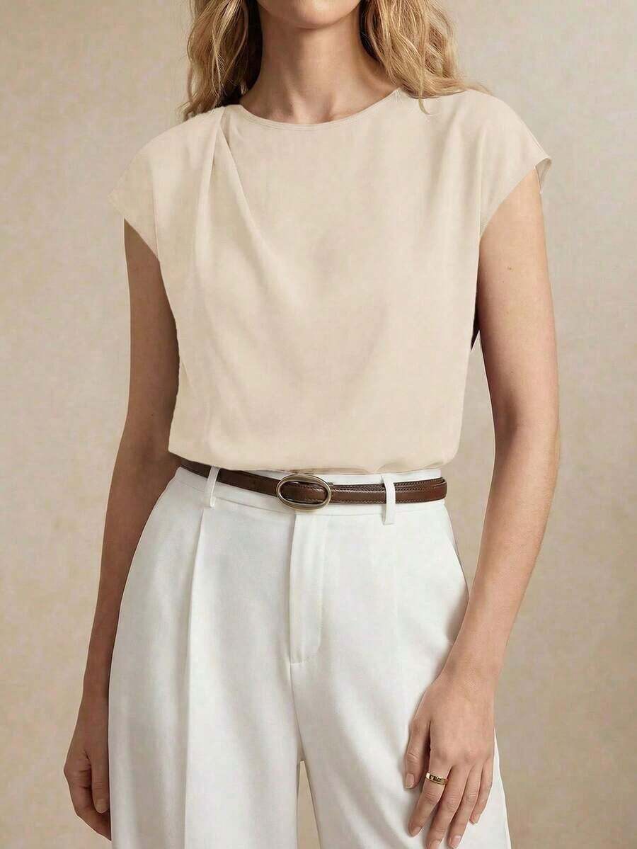 Blusa holgada de cuello redondo con mangas cortas y volantes, elegante y chic para el transporte urbano, uso diario, retro romántico de los 90, adecuada para Navidad, Año Nuevo, San Valentín, fiestas, playa, graduación, versátil y minimalista, apr - Beis - Ver 1