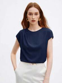 Blusa de satén de corte holgado con mangas acampanadas para mujer, elegante y versátil para ocasiones urbanas románticas, formales, de viaje, como invitada de boda, cumpleaños, casual de negocios, citas, aeropuerto, regreso a clases, uso en la ofi - Azul marino - Ver 4