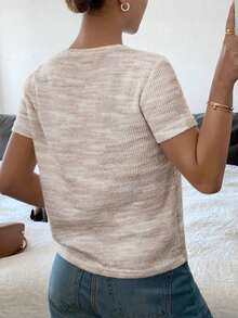 Camiseta casual de mujer con cuello redondo y mangas cortas en bloque de colores, adecuada para el verano - Albaricoque - Ver 2