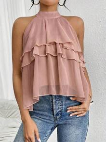 Blusa de gasa con volantes asimétricos y cuello suelto - Rosa vieja - Ver 4
