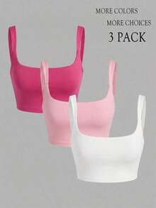 3 piezas Camiseta de tirantes de unicolor y corta para mujeres - Multicolor 2 - Ver 3