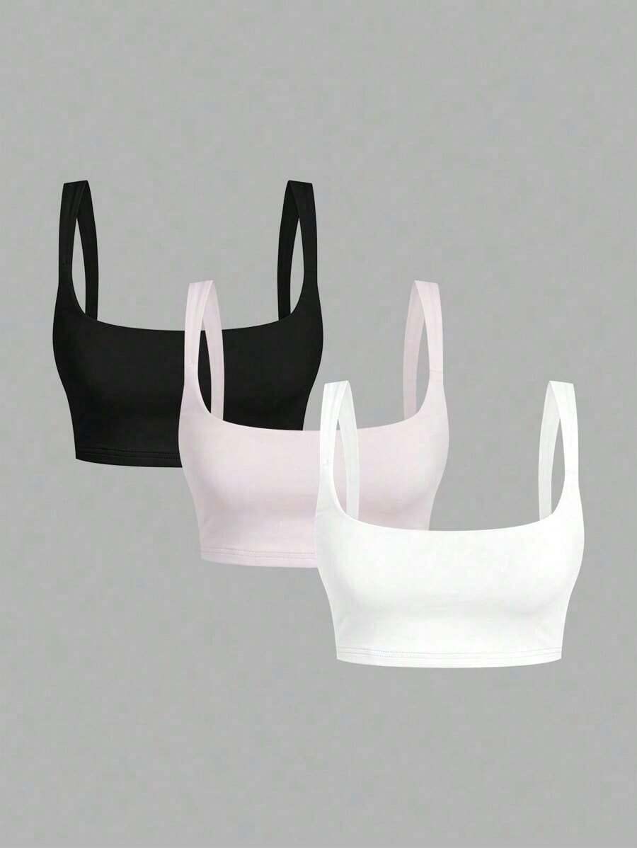 3 piezas Camiseta de tirantes de unicolor y corta para mujeres - Multicolor 7 - Ver 1