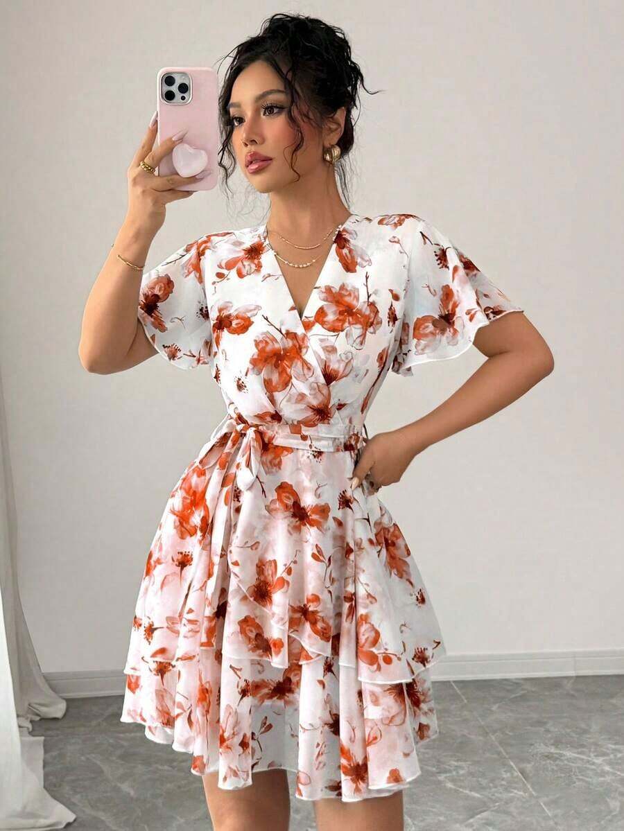 Vestido casual de mujer con cuello en V, mangas con volantes y estampado floral - Rojo y blanco - Ver 1