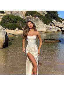 Nuevo vestido de fiesta de verano para mujer, elegante vestido anudado con abertura, tejido satinado. - Blanco - Ver 2