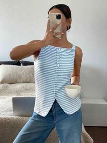 sin mangas con botones frontales y rayas para mujer, informal/para ir al trabajo - Azul y blanco - Ver 7