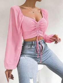 Blusa de manga farol con cuello de corazón y pliegues, corta - Rosa - Ver 3