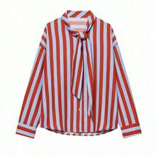 Blusa elegante de mujer con corbata de moño a rayas de contraste, nueva camisa casual de primavera/verano de moda para vacaciones en rojo - Rojo - Ver 5