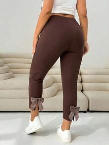 Pantalones casuales ajustados de color negro con decoración de moño y abertura lateral para mujer de talla grande, para verano, otoño, lindos, vacaciones en la playa, estilo occidental, concierto de música country, escuela, brunch - Marrón Chocolate - Ver 1