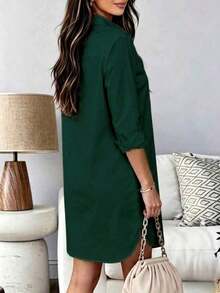 Camisa versátil de mujer de un solo pecho, unicolor, holgada, con bajo irregular y bolsillo, color rosa, para primavera - Verde Oscuro - Ver 2